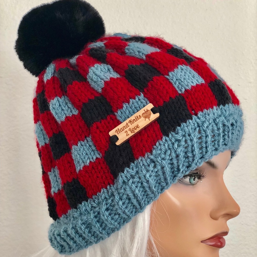 Hand Knits 2 Love Beanie Hat Cap Plaid Designer